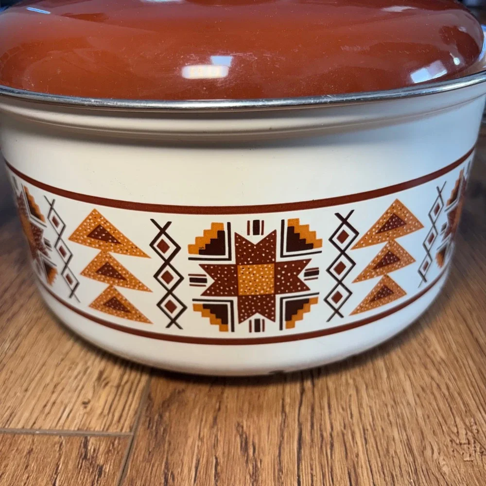 Vintage Enamel Stock Pot Made in Japan Retro 70s Geometric Brown Orange Western